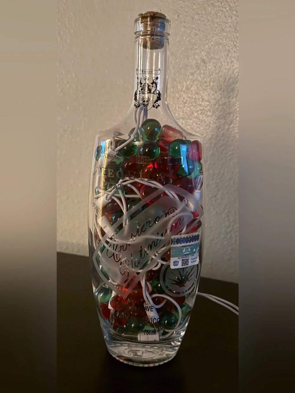 Cristeros Platinum Tequila Plata Bottle Light Up Decor Red Green Glass 750ml